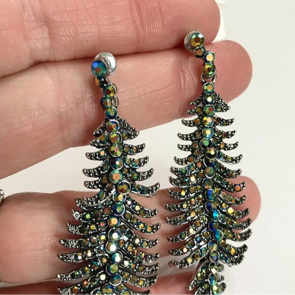 Silver Tone Articulated AB Blue Rhinestone Dangle Feather Earrings Pierced Long - Picture 2 of 9